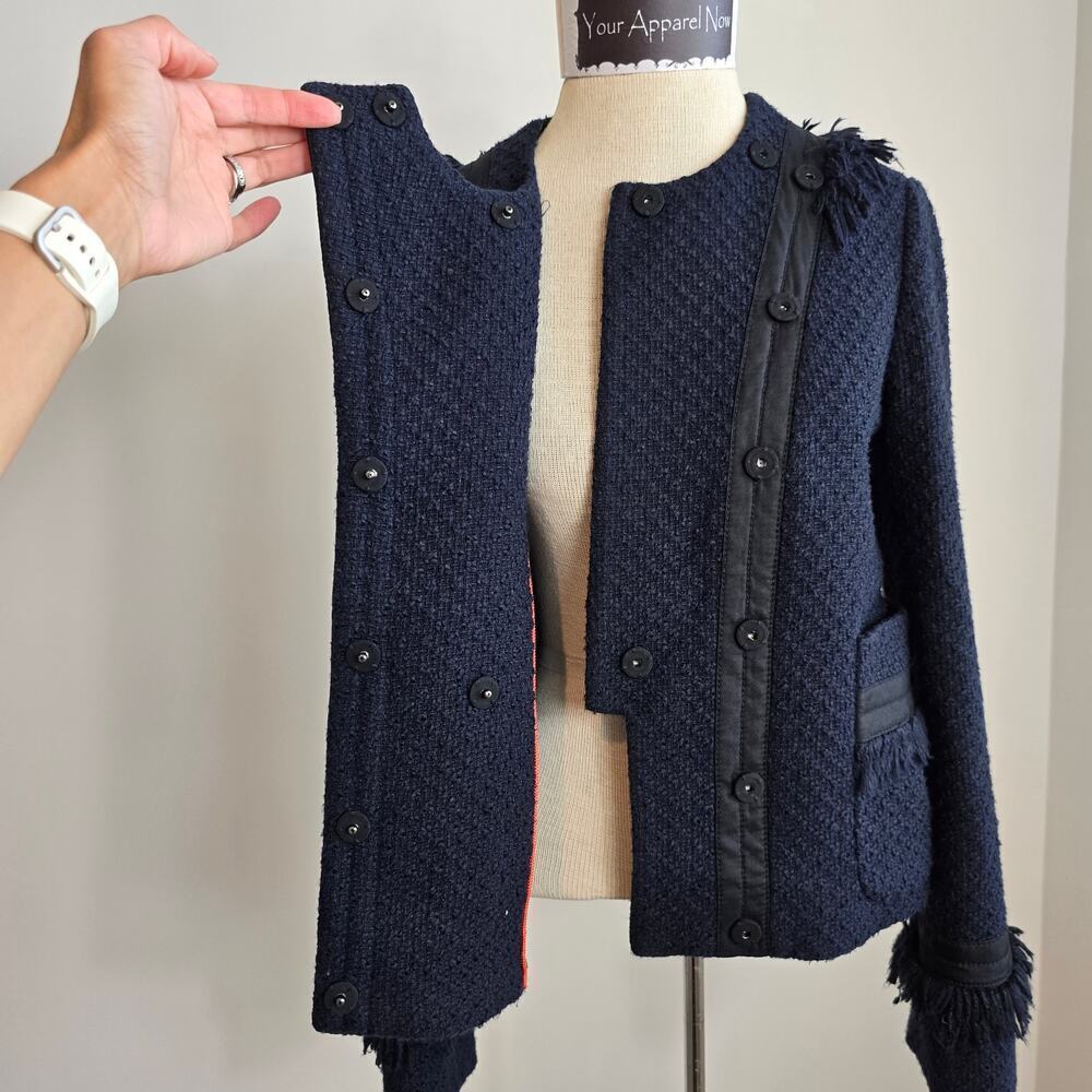 Tory Burch Navy Long Sleeve Tweed Fringe Cross Grain Blazer Sz 4 - Picture 6 of 11